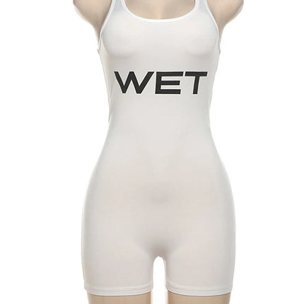 Summer 2025 Women's Sexy Sport Romper White Sleeveless Playsuits Letter Print Subtranslucent Slim Fit Raceback Design