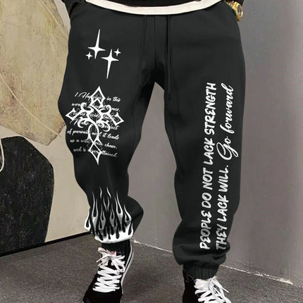 Men's Retro Vintage Script Letter Flame Graphic Joggers Elastic Cuff Sweatpants Popular Streetwear Casual Pants
