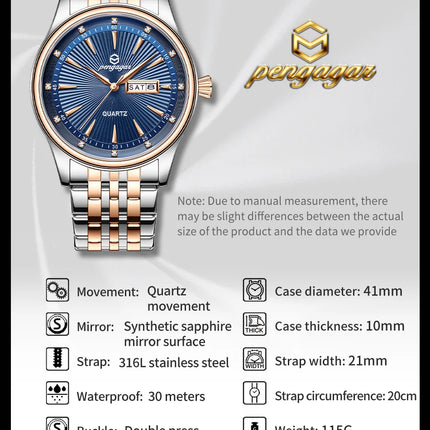 PAAZOMU Luxury Watch for Men Elegant Date Week Waterproof Luminous Men's Quartz Stainless Steel Sports Watch reloj