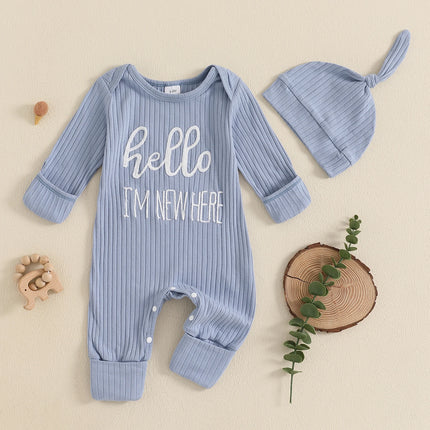Newborn Baby Boy Fall Clothes Set Casual Letter Embroidery Long Sleeve Ribbed Romper Jumpsuit and Hat 2Pieces Set for Infants