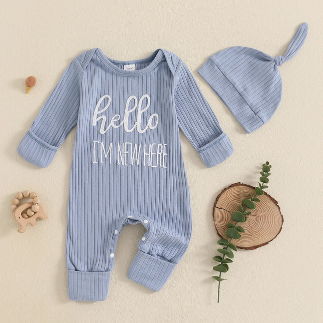 Newborn Baby Boy Fall Clothes Set Casual Letter Embroidery Long Sleeve Ribbed Romper Jumpsuit and Hat 2Pieces Set for Infants