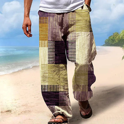 Summer Men Beach Pants 3D Geometric Print Drawstring Elastic Waist Straight Trousers Casual Loose Pants For MenA1