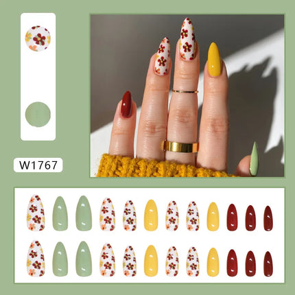 Dark Brown Flowers 24 Pcs Press-on Nails Pink Nail Polish Glossy Artificial Finger Manicure Reusable False Nails