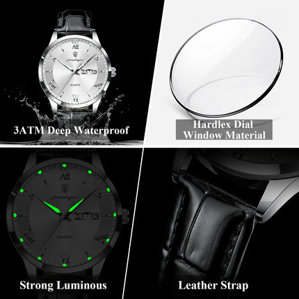POEDAGAR Classic Luxury Men's Wristwatch Date Week Leather Business Man Watch Waterproof Luminous Fashion Quartz Watches For Men