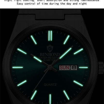 BINBOND Luxury Fashion Man Clock Top Business Waterproof Luminous Date Week Men's Watches Quartz Stainless Steel Men Wristwatch