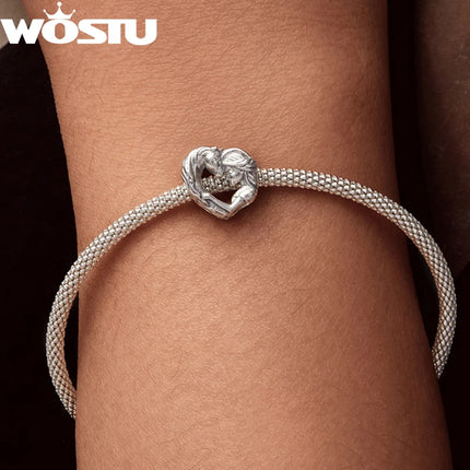 WOSTU Solid 925 Sterling Silver Lovely Girl & Horse Charm Heart Guardian Pendant Fit DIY Bracelet Necklace Heart Jewelry Series