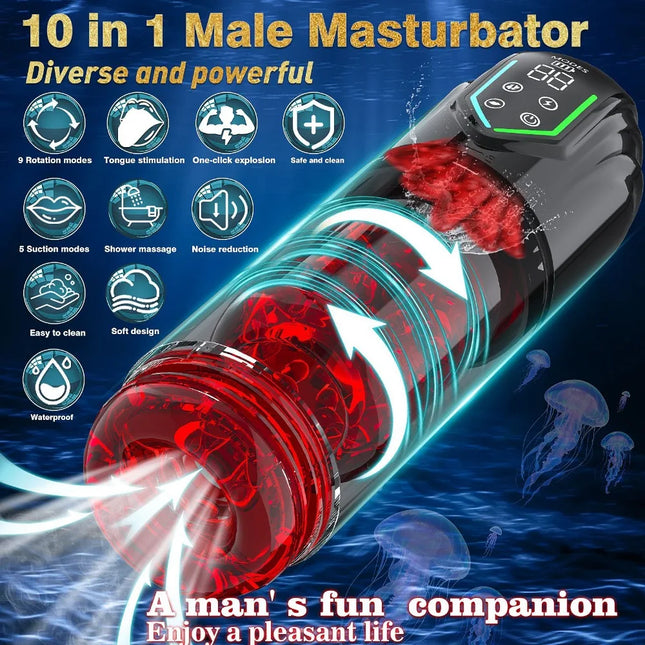 Automatic Male Masturbator Cup with Thrusting, Rotating, Licking, Sucking, Penis Pump, Pocket Pussy, Blowjob, and LED Display - Sex Toy for Men