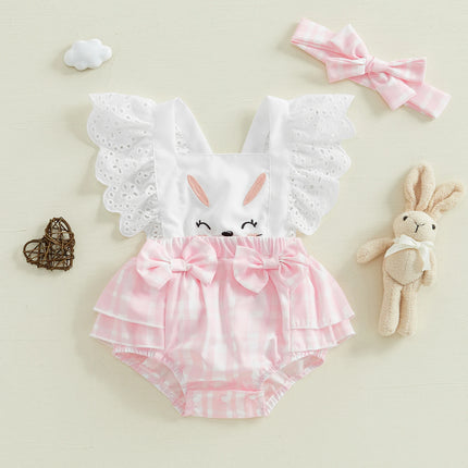 Easter Toddler Baby Girl Fly Sleeve Bodysuits with Bow Headband Infant Lovely Sleeveless Square Neck Carrot Print Jumpsuits