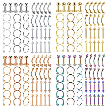 40PCS Surgical Steel Body Piercing Jewelry Lot Bulk Nose Ring Tongue Bar Lot Eyebrow Labret Piercing Set Horseshoe Ring Lot Pack