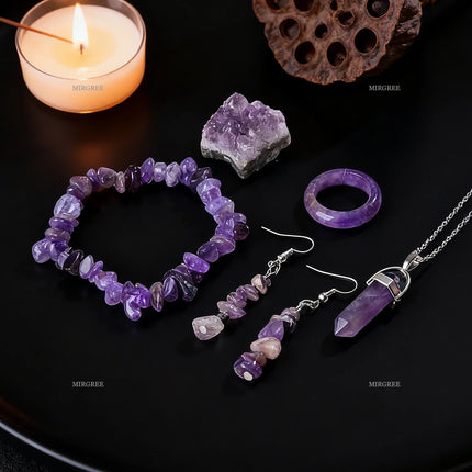 5pcs Natural Amethyst Set - Stone Bracelet, Crystal Pillar Necklace, Ring and Earrings, Healing Crystal Gemstone Accessories