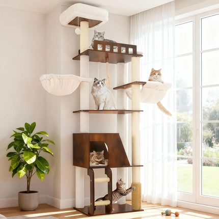 69.7" Wooden Cat Tree with Large Platforms, Hammocks, Condo, Scratching Posts, Ladder, Brush, Waterproof, Rustic Brown