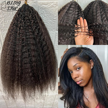 Kinky Straight Feather Crochet Human Hair Extension Yaki Wave Pre Separated Knotless Crochet Hair Micro Bundles With Loop