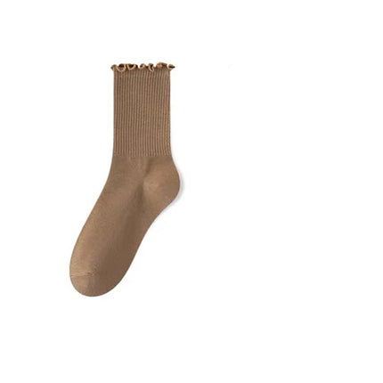 Cotton Socks for Women Girls Ruffle Top Solid Color Spring Autumn Breathable Soft Mid-calf Sock 1 Pair or 2 Pairs