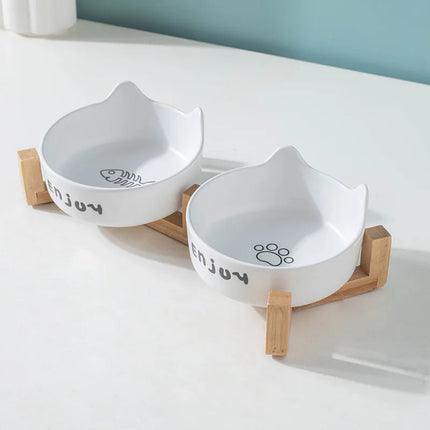 3pcs/set (1pc rack + 2pcs bowl) Non-Slip Ceramic Double Pet Food Bowl for Cats and Dogs - Prevents Spills and Slips