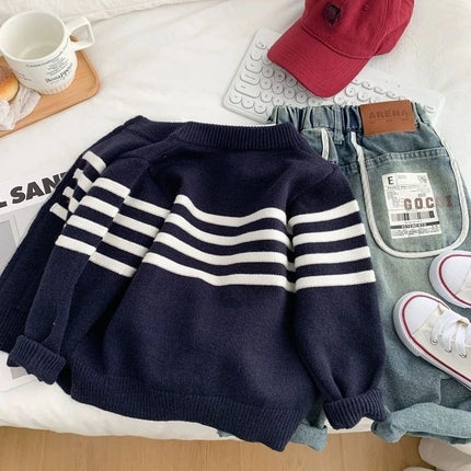 Boys' Contrast-Color Round Neck Cardigan  Spring Autumn Striped Knit Top with Fashion Yarn - Cool & Stylish