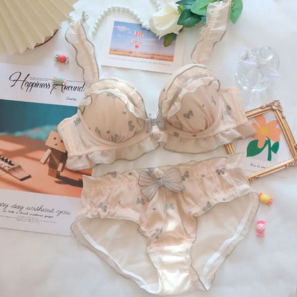 Japan Style Embroidered Mesh Bralette Wireless Breathable Comfort Sweet Cute Lingerie Set Pure Sensual Ruffle Edge Small Chest