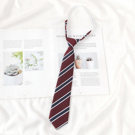 Striped College Style Tie Without Hand Knotting Wine Red Striped Small Tie Brown Striped Boys and Girls Uniform Tie Daily Simple