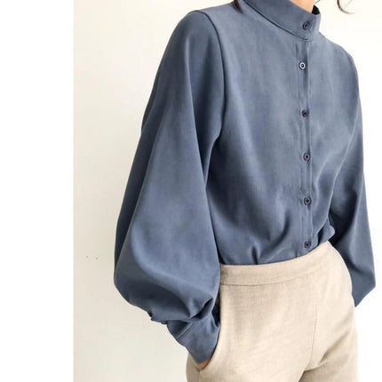 Spring Fashion Women Solid Stand Collar Casual Elegant Fashion Women's Top Clothing Blouse Shirt Lantern Long Sleeve Women's Shirts