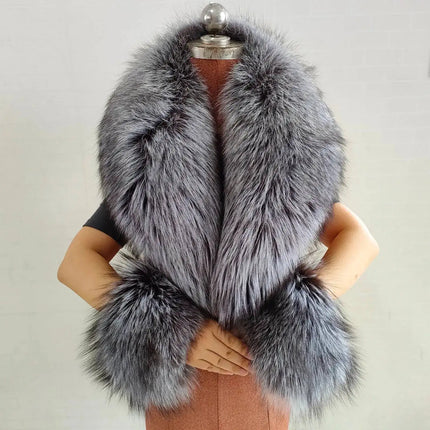 Winter Natural Fox Fur Scarf And Cuff Set Women Jacket Fur Collar Authentic Neck Warm Scarves Luxury Fluffy Fox Fur Shawl