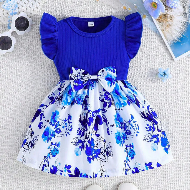 Baby Girl Dress Summer Bow and Floral Pattern Knit Solid Color Short Sleeve Baby Dresses Cute Casual Girl Kid's Dress