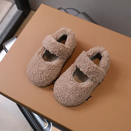 Children Fur Shoes 2024 Winter Kids Warm Plush Shoes For Girl Flat Loafers Moccasins Girls Casual Shoes Khaki, Beige