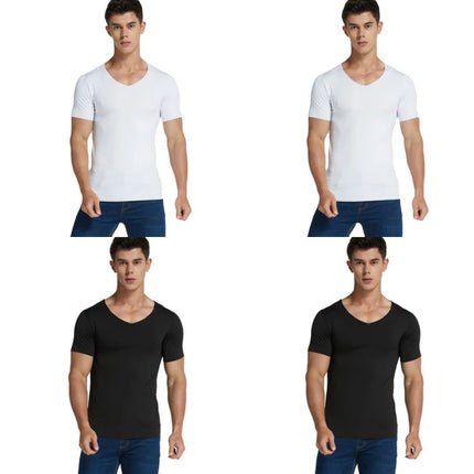 4Pcs Summer Ice Silk Men T-Shirt Vest Men's No Trace Sports Short Sleeve T-shirt Solid V-neck Tees Quick Dry Shirt Tops Fitness