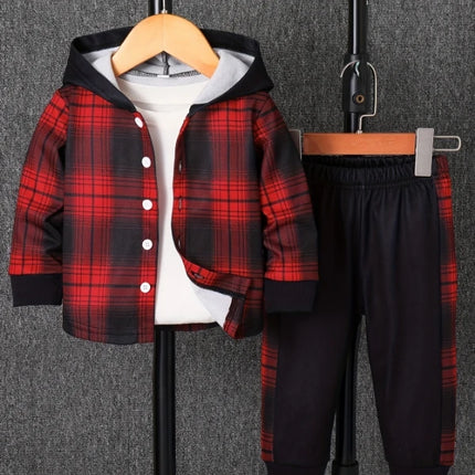 Spring Autumn Plaid Print Baby Boy Long Sleeve Hooded Fleece Lined Shirt Color Block Pants Two-Piece Casual Outfit for Toddlers