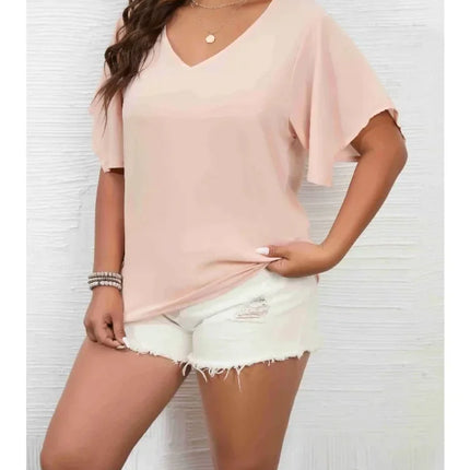 Plus Size 1XL-5XL Women's Solid Color  Short Sleeve Blouse V Neck Bell Sleeve Blouse Casual Pullovers Shirt Top