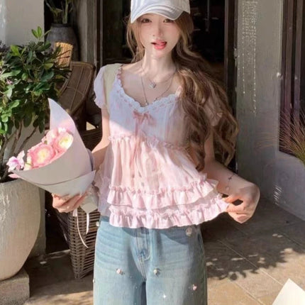 Summer 2026 New France Pink Floral Bubble Off-the-shoulder Two Lotus Leaf Doll Collar T-shirts Women Kawaii Sweet Cute Tees