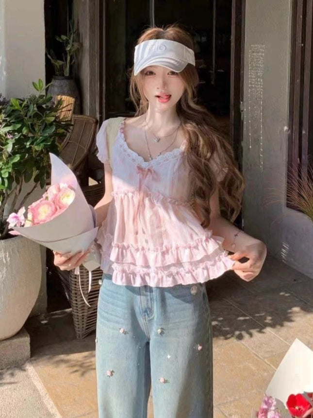 Summer 2026 New France Pink Floral Bubble Off-the-shoulder Two Lotus Leaf Doll Collar T-shirts Women Kawaii Sweet Cute Tees
