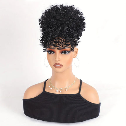 Afro Puff Drawstring Ponytail with Bangs Pineapple Updo Hair for Black Women, Short Kinky Curly Synthetic Ponytail Bun