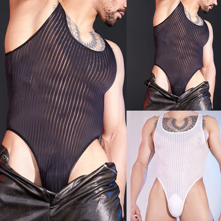 o neck Mens transparent Striped Comfortable Sleeveless High Cut Underwear Tank Tops Bodysuits Lingerie Man tights Vest Club wear