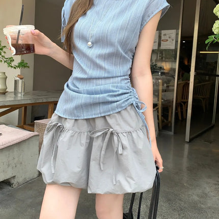 Blue Striped Drawstring Tie Women's Shirt Summer New Style French Stripe Design Modified Version Round Neck Sleeveless Dress