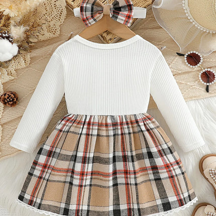 Baby girl's new fashionable plaid patchwork groove lace design bow dress and headband