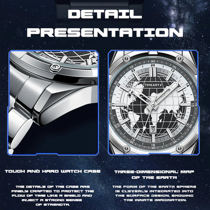 TIMEARTX mens watch Stylish Map Dial Analog Display Auto Date & Luminous Function Men's Gift Watches man (Non-Mechanical)