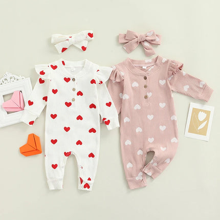 Newborn Baby Girls Valentine's Day Romper Ruffle Ribbed Bodysuit Heart Jumpsuit with Headband Valentine Outfits 0-18M