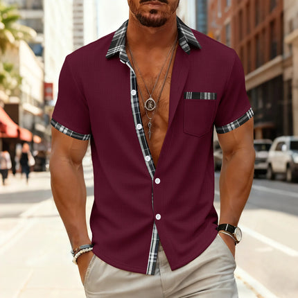 Men's short-sleeved shirt for summer casual wear with classic contrasting color front pocket and collar cardigan tops