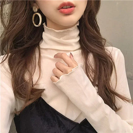 Sexy Women T Shirt See Through Transparent Mesh Tops Long Sleeve Sheer Slim Ladies Solid Turtleneck Silk T-Shirt Lace Crop Top