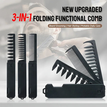 3-in-1 Folding Beard Comb for Men, Beard Comb Brush, Mustache Comb, Hair Styling Tool, Portable Travel Grooming Kit,Gift for Him