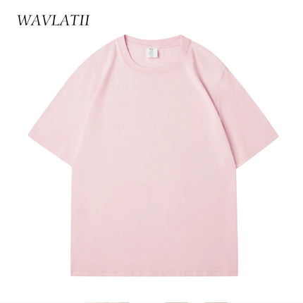 WAVLATII Women New 100% Cotton Solid T-shirts Female Pink White Casual Summer Tees Lady Oversized Short Sleeve Tops WT2401