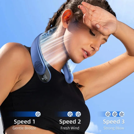 4000mAh Leafless Portable Neck Fan Turbine Vaneless Design 3 Gears Super Strong Wind Fast Cooling Digital Display for Outdoor
