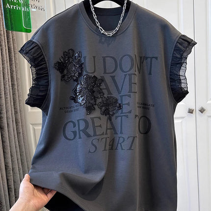 Heavy industry nail bead letter splicing mesh print fly sleeve T-shirt 2025 summer women's loose round neck fashion top