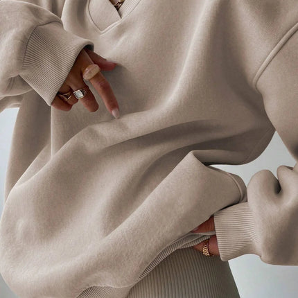 Cozy Women's Solid Color Pullover Sweatshirt, Long Sleeve V Neck Casual Wear for Fall & Winter Seasons