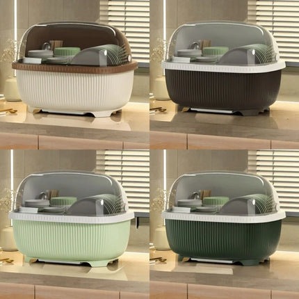 Large Capacity Dish Drainer With Roof Cover Dustproof Multifunctional Kitchen Utensils Rack Cupboard Plastic