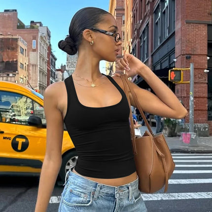 Hugcitar 2025 Summer Solid Straps Sexy Slim Crop Tank Top Women Casual Y2K Clothes Streetwear Party Sport Festival Wholesale