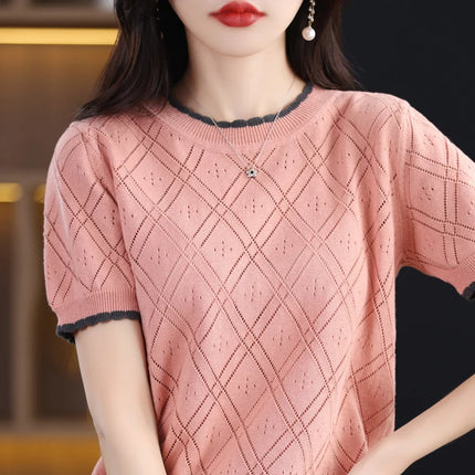 Summer New 100% Cotton Women's T-shirt Casual Solid Color Hollow Out Knit Pullover Short Sleeved Casual Fashion Round Neck Tees