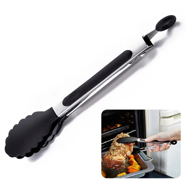 9-inch silicone food tongs Kitchen Grill stainless steel food grade silicone tip non-slip food tongs for BBQ salad breads