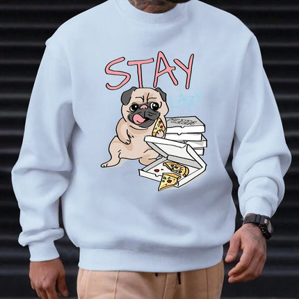 2025 Men's Sweatshirt "STAY LAZY" Pug & Pizza Graphic Chill Streetwear Trendy Soft Relaxed Funny Comfortable Daily Pullover