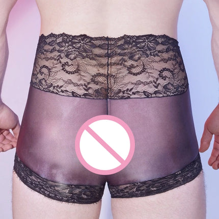 Lace Silky Underwear Men Sexy Lingerie Sheer Oil Glossy Sissy Pouch Panties High Elastic Boxers Femboy Gay Crossdresser Undies