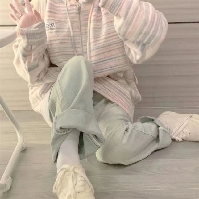 Beautiful And Unique Stripes Zipper Hooded Coat Spring And Autumn Dressing Up Collection Casual Fashion Trends Versatile